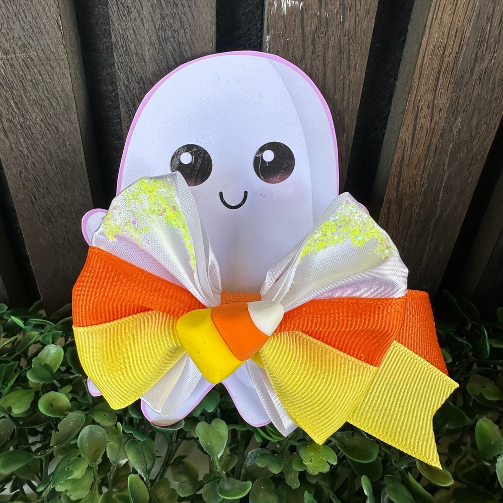 Cute Ghost Hair Bow with Candy Corn Design